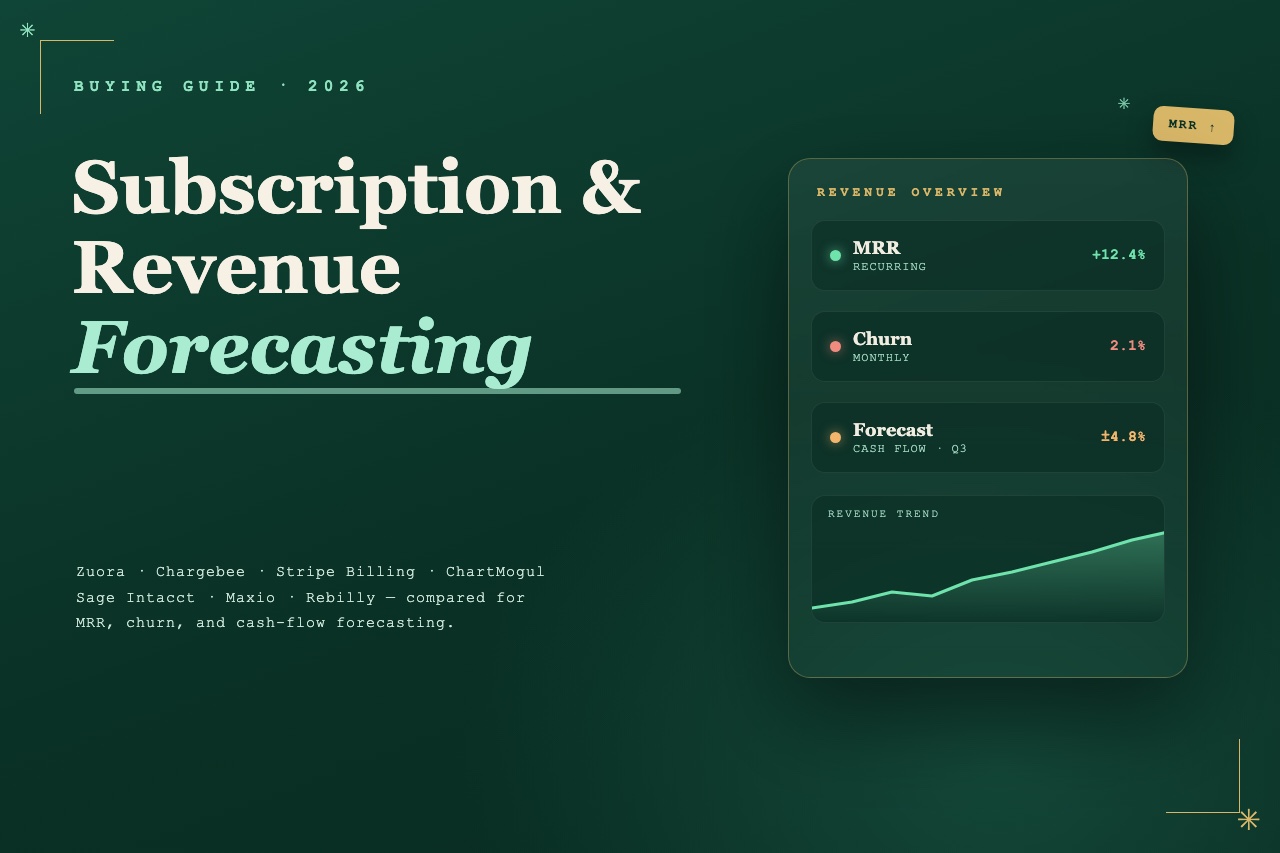 Best Platforms for Subscription Management and Revenue Forecasting — a dark-green revenue dashboard card showing MRR, churn, and a forecast trend line.