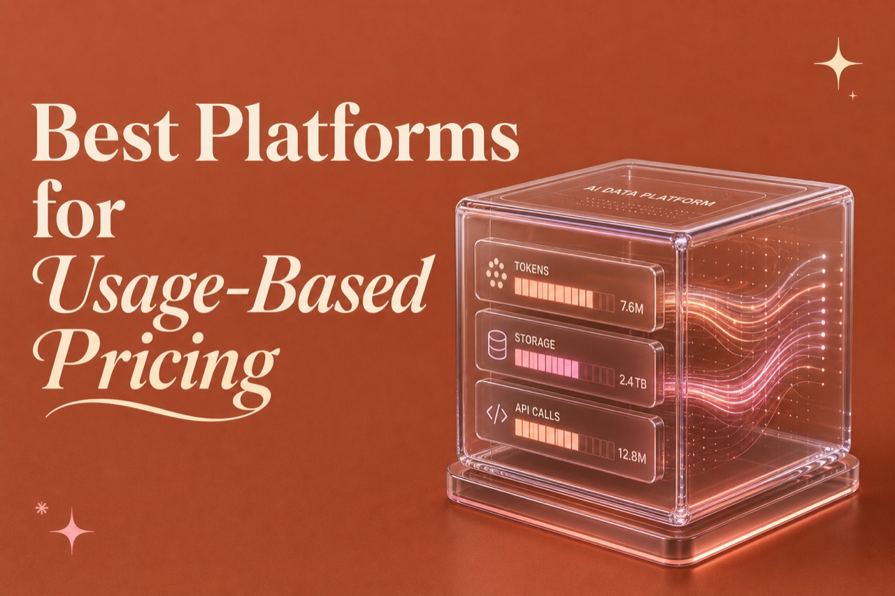 Best Platforms for Usage-Based Pricing — a translucent server rendering with live token, storage, and API-call counters.