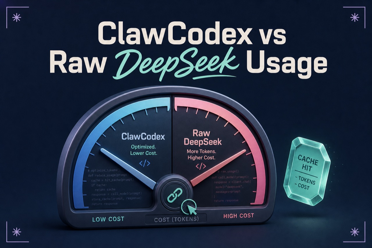 ClawCodex vs Raw DeepSeek Usage — a cost gauge showing ClawCodex on the optimized, lower-cost side and raw DeepSeek on the higher-cost side, with a cache-hit gem.