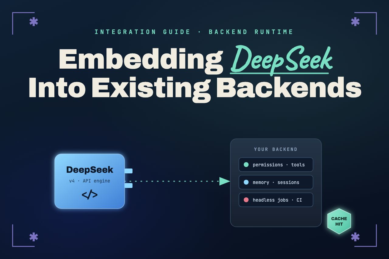 Embedding DeepSeek Into Existing Backends — a glowing DeepSeek API engine plugging into a backend server rack of permissions, memory, and headless jobs, with a cache-hit gem.