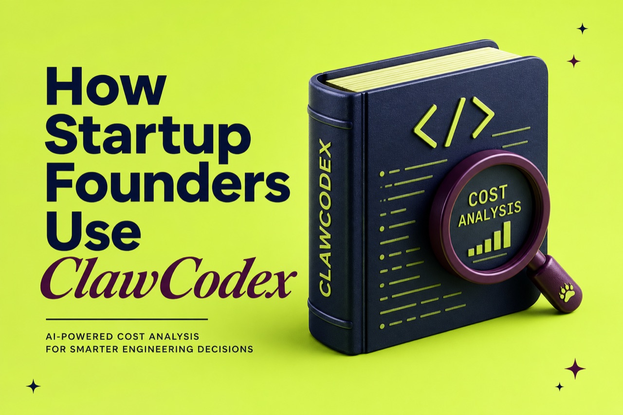 How Startup Founders Use ClawCodex — a ClawCodex notebook beside a 'cost analysis' magnifier on a bright green field.