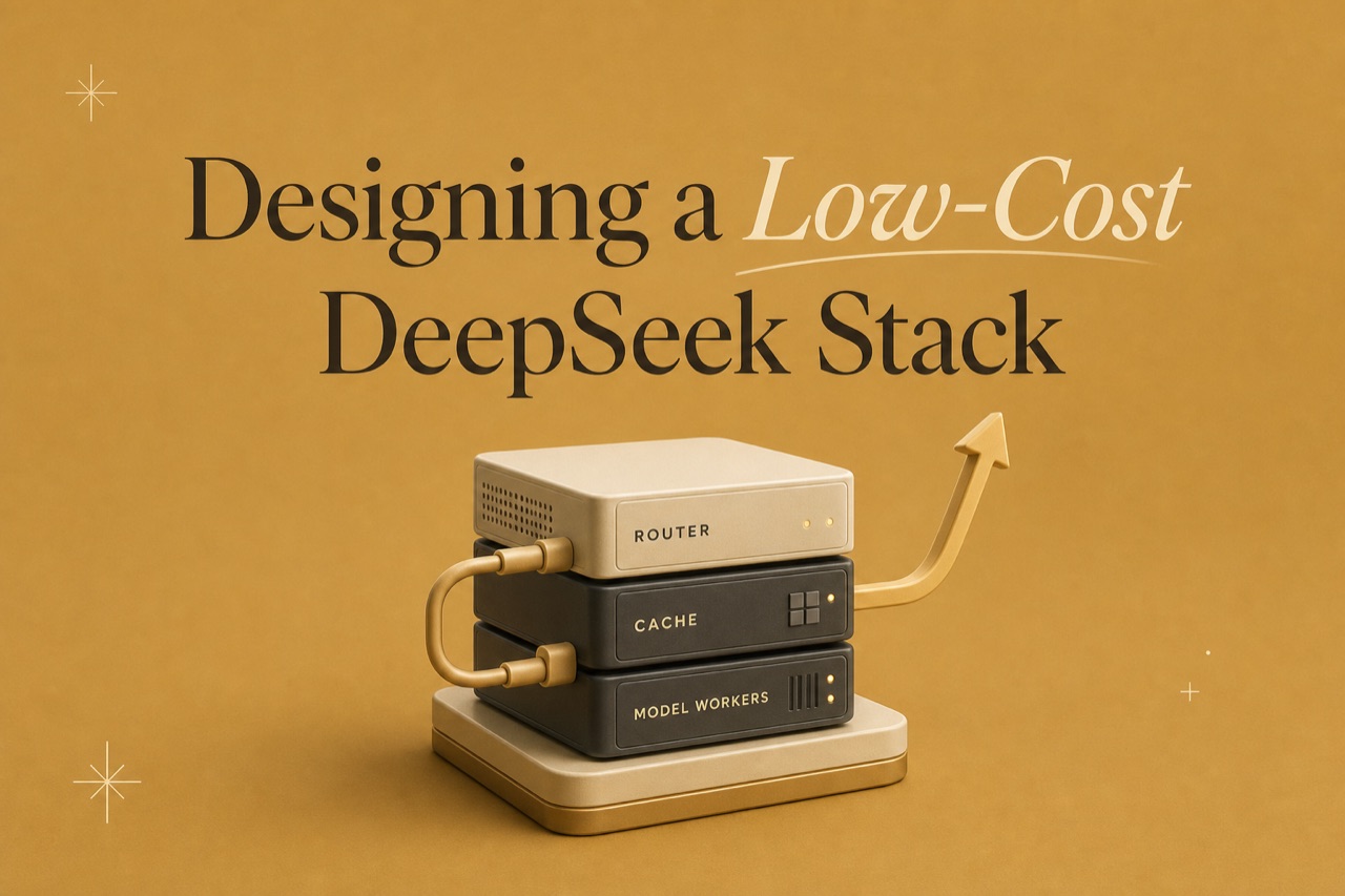 Designing a Low-Cost DeepSeek Stack — a stacked router, cache, and model-workers server illustration.