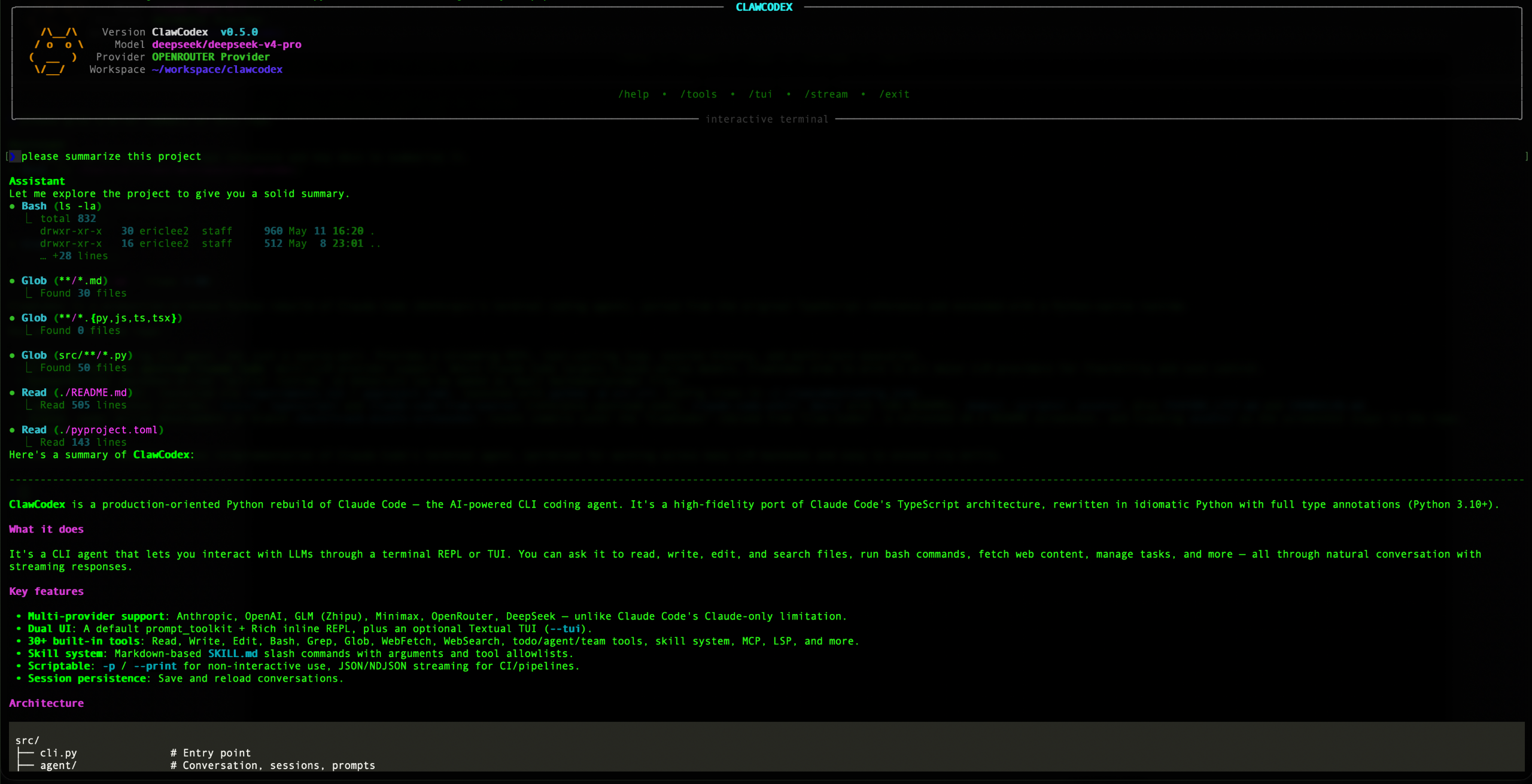 ClawCodex running in a terminal: a streaming REPL with visible tool activity and a status row.